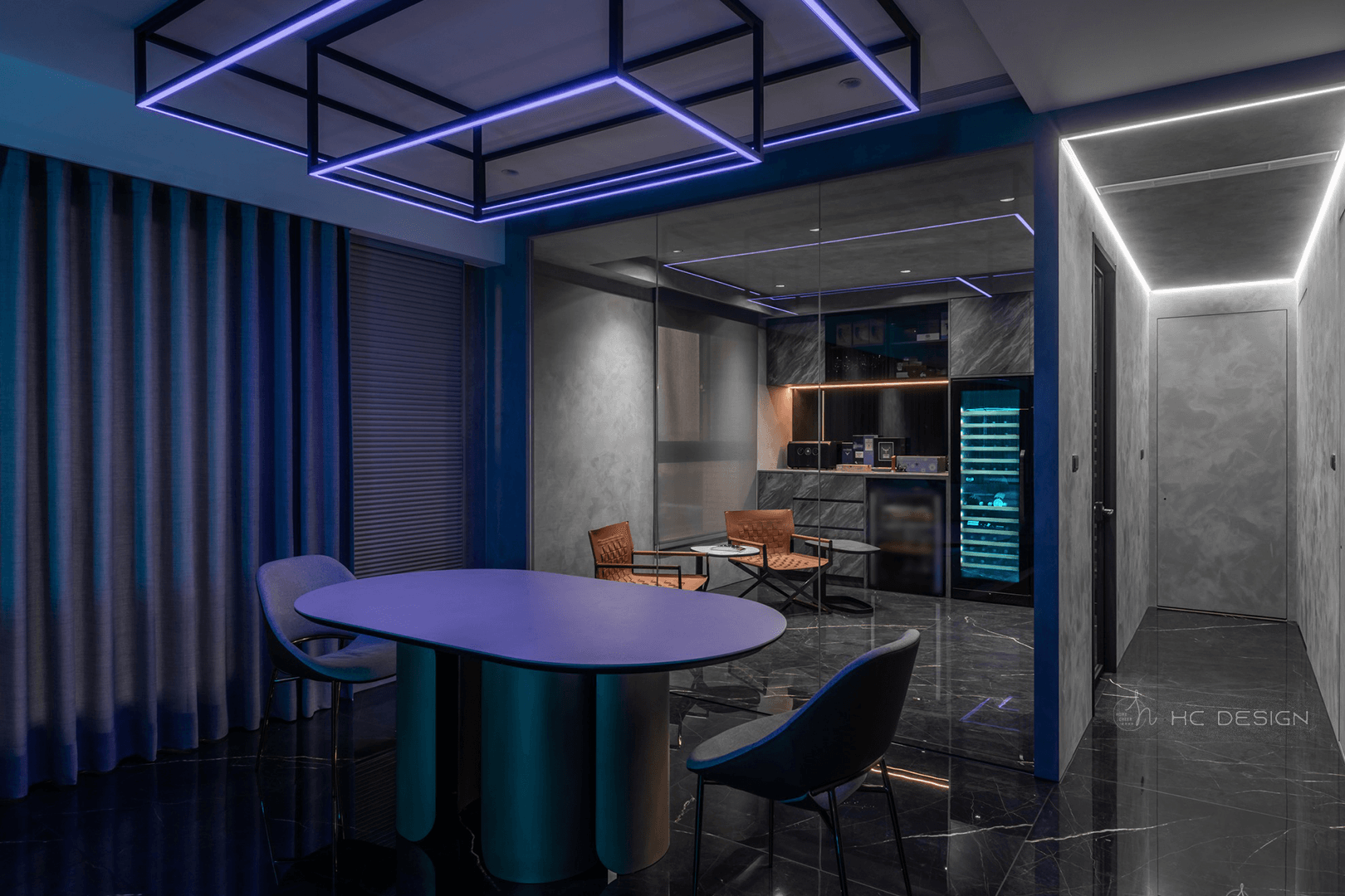 Icy Blue LED Lighting Wine Fridge combines with futuristic interior design
