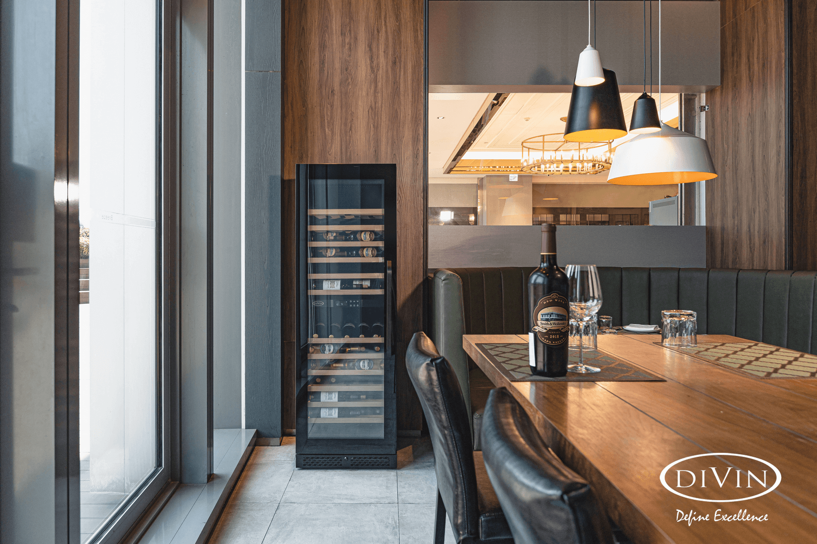 DV-636DK Dual-Zone Wine Fridge displayed in a cafeteria
