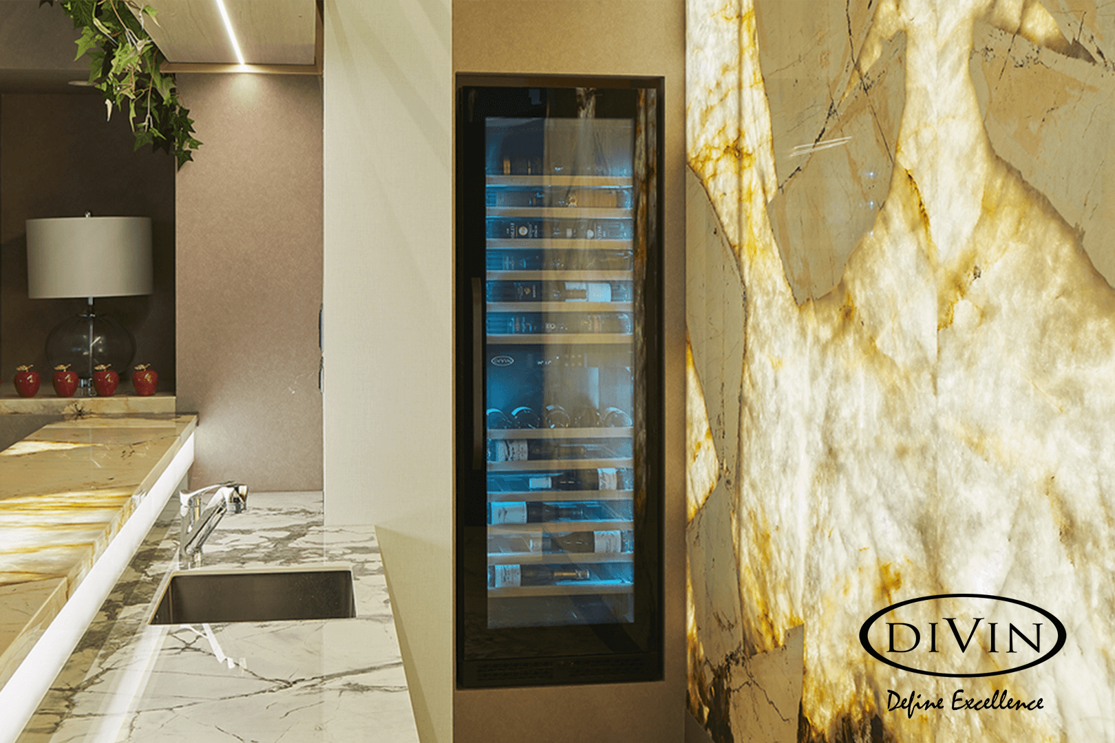 Jet Black Wine Fridge with icy blue lighting on placed in a marble shop