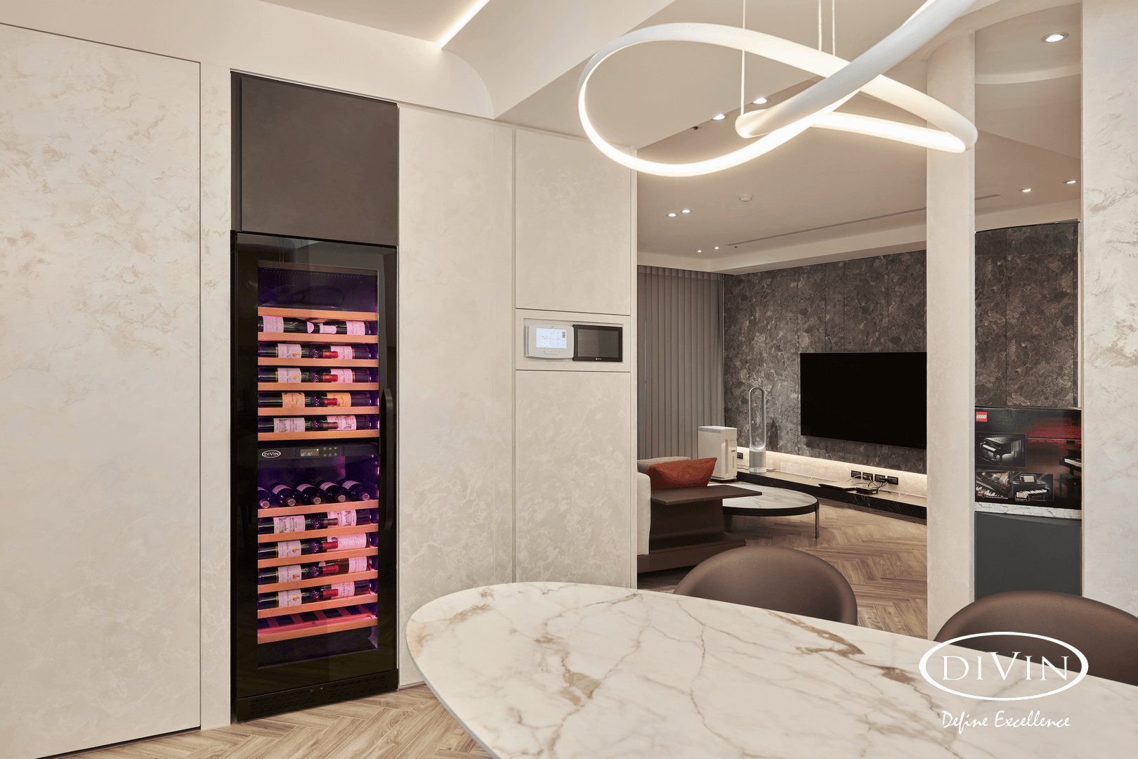 Rose Pink LED Lighting Wine Fridge builts-in cabinet in a private house