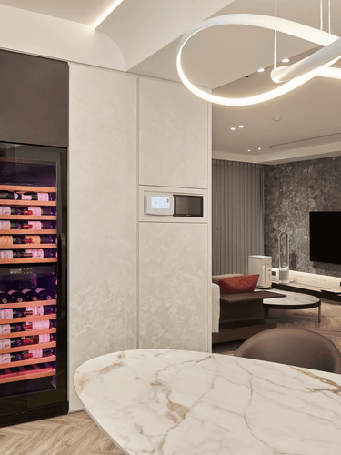 Rose Pink LED Lighting Wine Fridge builts-in cabinet in a private house